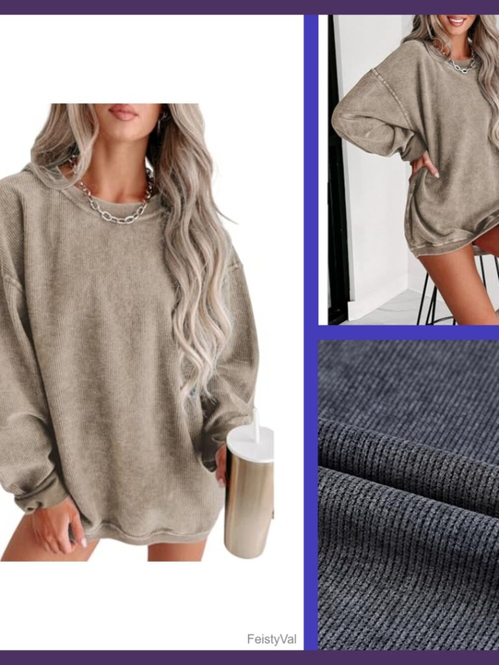 SELINK Womens Oversized Corduroy Corded Crewneck Sweatshirt Pullover